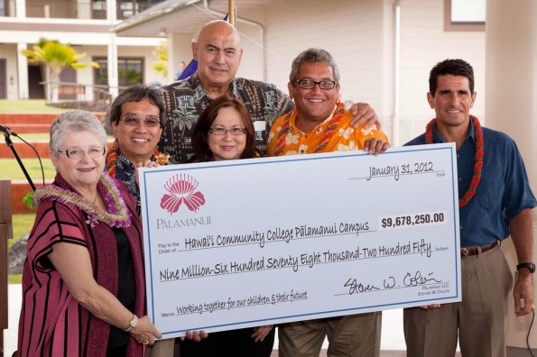 20120131_palamanui-check Front row from left, University of Hawaii President M.R.C. Greenwood, UH Board of Regents Vice Chair James H.Q. Lee, Hawaii Community College Chancellor Noreen Yamane, Hawaii County Mayor Billy Kenoi, and Hunt Companies Hawaii Division President Steve Colon and UH Vice President of Student Affairs and University/Communiy Relations Rockne Freitas, back row, marked Palamanui LLC's presentation of $9.68 million to the University of Hawaii to begin construction of the Hawaii Community College Palamanui campus in West Hawaii at the Hawaii Civic Center in Kailua-Kona Tuesday (Jan 31) Photo By Michael Darden