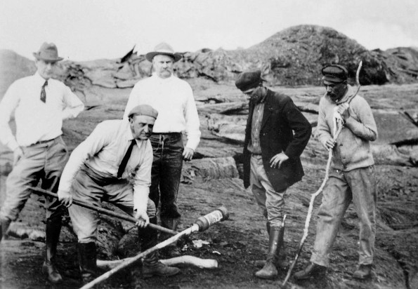 Thomas-Jagger-Halemaumau Thomas Jaggar (second from left) prepares to measure the temperature of the Halemaumau lava lake in 1917. Pictured, left to right, William Twigg-Smith, Thomas Jaggar, Lorrin Thurston, Joe Monez, and Alex Lancaster. Photo courtesy of USGS/HVO