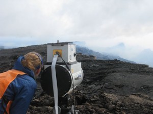 Sulfur dioxide gas emissions from the crater of Pu‘u ‘O‘o on Kīlauea’s east rift zone (above) and the vent within Halemaumau Crater at Kilauea’s summit create volcanic pollution that affects the air quality of downwind communities. Here, an HVO gas geochemist measures Pu‘u ‘O‘o gas emissions using an instrument that detects gas compositions on the basis of absorbed infrared light. Photo courtesy of USGS/HVO