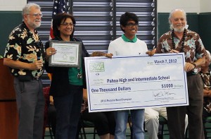 20120307_Recycle_Bowl Recycle Hawaii Executive Director Paul Buklarewicz and Education Director Howard Shapiro present the Keep America Beautiful “Recycle-Bowl” national recognition award (www.Recycle-Bowl.org) and a check for $1,000 to Pahoa High and Intermediate School’s Green Club.