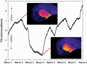 2012_03_29 VW figure_sm Tilt measured at the summit of Kilauea during March 1–7, 2012, shows a series of U- and V-shaped DI events, with deflation indicated by downward tilt and inflation by upward tilt. Â Images from a thermal camera that overlooks the summit eruptive vent demonstrate how the lava level (noted by white dashed line), depicted by warmer colors, charges across tilt cycles. Tilt is measured in microradians, with one microradian equivalent to the change in slope caused by putting a dime under one end of a bar that is 1 km (2/3 mile) long.