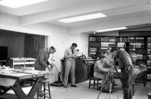 1950_usgs-Finch-MacDonald-Loucks-Swartz Calibrating the magnetometers inside the Hawaiian Volcano Observatory library. From left to right: Ruy Finch, Gordon Macdonald, Burt Loucks, and Joel Swartz in 1950. Photo courtesy of USGS/HVO