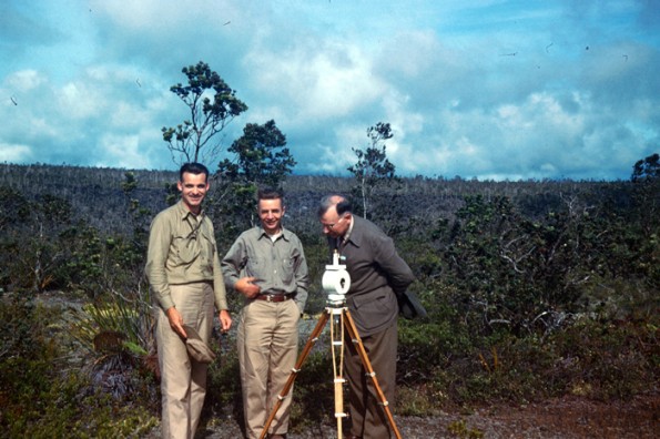 1951_usgs-MacDonald-Joesting-Finch Magnetometer setup in Hawaii Volcanoes National Park. Gordon Macdonald, H.R. Joesting, and Ruy Finch inspecting the arrangement in 1951. Photo courtesy of USGS/HVO
