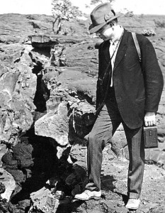 USGS-Ruy-Finch Ruy Finch, in charge of HVO during the explosive eruption, examining a crack related to the 1919 eruption that formed Mauna Iki. Photo courtesy of USGS/HVO