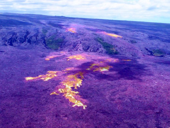 20120615_usgs-coastal-plain Lava flows remain active on the pali and coastal plain, and continue to slowly migrate towards the ocean. This thermal-visual composite shows the distribution of active flows, which are extensive and consist of several lobes. The active flow front Friday (June 15) was 1.1 km (0.7 miles) from the ocean. Photo courtesy of USGS/HVO