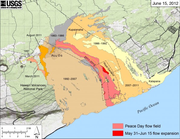 20120615_usgs-map Map showing the extent of lava flows erupted during Kilauea's ongoing east rift zone eruption and labeled with the years in which they were active. Episodes 1-48b (1983-1986) are shown in gray; episodes 48c-49 (1986-1992) are pale yellow; episodes 50-53 and 55 (1992-2007) are tan; episode 54 (1997) is yellow; episode 58 (2007-2011) is pale orange; the episode 59 Kamoamoa eruption (March 2011) is at left in light reddish orange; and the episode 60 Pu‘u ‘O‘o overflows and flank breakout (March-August 2011) are orange. The currently active Peace Day flow (episode 61) is shown as the two shades of red-light red is the extent of the flow from September 21, 2011, to May 31, 2012, and bright red marks flow expansion from May 31 to June 15. The active lava tube is delineated by the yellow line within the active flow field. The contour interval on Pu‘u ‘O‘o is 5 m.