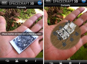 nasa-ar-app Left photo shows the printed out target in hand, the right photos shows the app locked onto the target. Once locked you can move around the spacecraft in augmented reality 3-D. Photos by Baron Sekiya | Hawaii 24/7