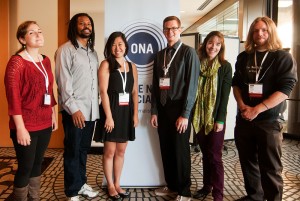 Winners of 2012 AP-Google Journalism and Technology Scholarship, from left, Emily Eggleston, Reginald James, Katie Zhu, Kevin Schaul, Rebecca Rolfe and John Osborn.