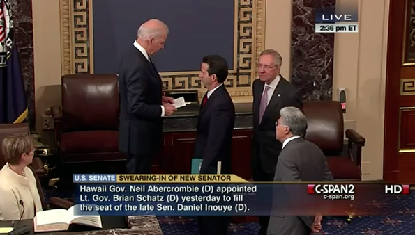 Vice President Joe Biden swears in Sen. Brian Schatz as Sen. Daniel Akaka looks on. (Image courtesy of C-SPAN)