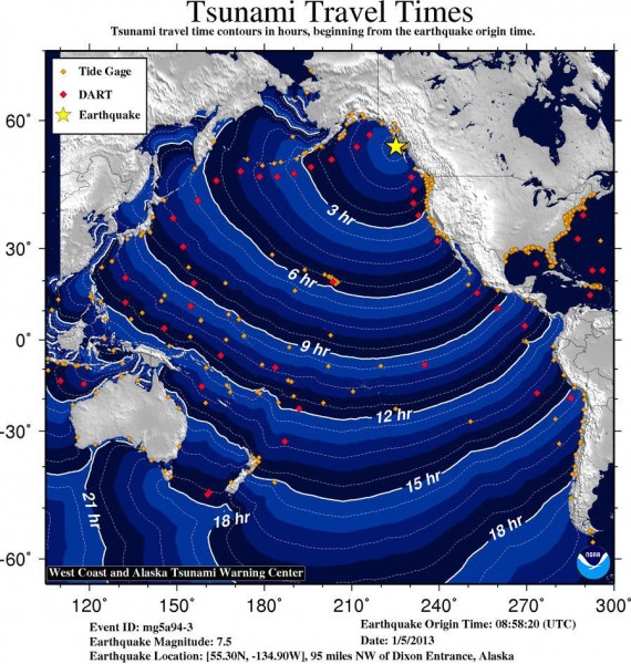 Tsunami time travel map. Hawaii could experience small non-destructive sea level changes and strong or unusual currents starting at 4:28 a.m. Saturday (Jan 5).