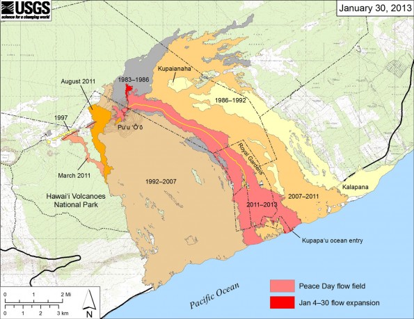 The currently active Peace Day flow (episode 61) is shown as the two shades of red—light red is the extent of the flow from September 21, 2011, to January 4, 2013, and bright red marks the mapped flow expansion from January 4 to January 30. While there have been small changes near the coast, most of the change is related to lava flows that have spilled from the Puʻu ʻŌʻō crater over the past few weeks. Older lava flows are labeled with the years in which they were active. Episodes 1–48b (1983–1986) are shown in gray; episodes 48c–49 (1986–1992) are pale yellow; episodes 50–53 and 55 (1992–2007) are tan; episode 54 (1997) is yellow; episode 58 (2007–2011) is pale orange; the episode 59 Kamoamoa eruption (March 2011) is at left in light reddish orange; and the episode 60 Puʻu ʻŌʻō overflows and flank breakout (Mar–August 2011) are orange. The contour interval for topographic lines shown on Puʻu ʻŌʻō is 5 m.