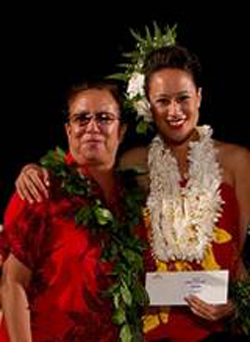 The Beamer-Solomon's Halau O Poohala's Hula Loea Kumu Hulali Solomon Covington (left) is pictured with her niece, Leiomalama Tamasese Solomon, at the Awards Ceremony for the 2012 Moku O Keawe International Hula Festival, as Leiomalama was awarded 1st place solo honors. (Photo courtesy of Beamer-Solomon Halau)