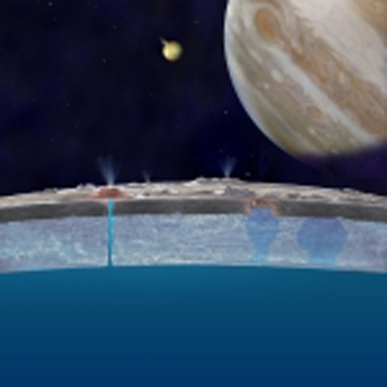 Based on new data from the W. M. Keck Observatory about Jupiter's moon Europa, astronomers hypothesize that chloride salts bubble up from the icy moon's global liquid ocean and reach the frozen surface where they are bombarded with sulfur from volcanoes on Jupiter's largest moon, Io. This illustration of Europa (foreground), Jupiter (right) and Io (middle) is an artist's concept. (Photo courtesy of NASA/JPL-Caltech)