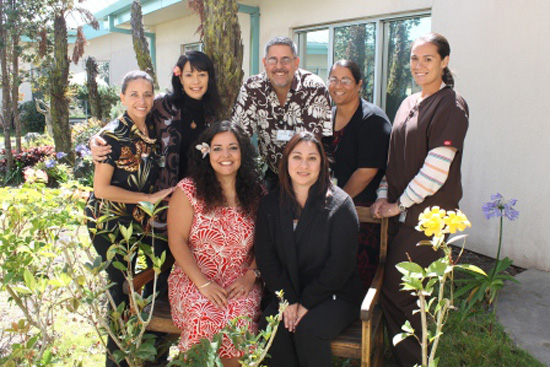 Top row, from left: Brenda Resendiz-Reynoso, Hoomalule case manager; Dr. Claren Kuulei Kealoha-Beaudet, clinical psychologist and program director; Dr. Franco Acquaro, clinical psychologist, Jennifer De Costa, grant administrator/behavioral specialist; Maile Mangauil, medical assistant. Bottom row, from left: Dr. Leinaala Crawford, medical director and primary care physician; and Lokenani Kealoha Souza, family nurse practitioner. (Photo courtesy of NHCH)