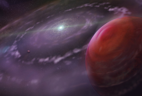 Artist’s rendering of the planetary system HR 8799 at an early stage in its evolution, showing the planet HR 8799c, a disk of gas and dust, and interior planets. (Image courtesy of Dunlap Institute for Astronomy & Astrophysics | Mediafarm)