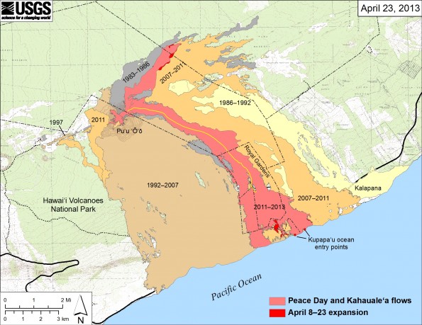 Map showing the active Peace Day flow, carrying lava to the ocean, and the inactive Kahaualeʻa flow northeast of Puʻu ʻŌʻō, as of April 23, 2013. Widening of both flow fields between April 8 and April 23 is shown in bright red, while the extent of the flow fields before April 8 are shown in pink. Older lava flows are labeled with the years in which they were active. Episodes 1–48b (1983–1986) are shown in gray; episodes 48c–49 (1986–1992) are pale yellow; episodes 50–55 (1992–2007) are tan; and episodes 58–60 (2007–2011) are pale orange. The Peace Day lava tube is shown by the yellow line. The contour interval for topographic lines shown on Puʻu ʻŌʻō is 5 m.