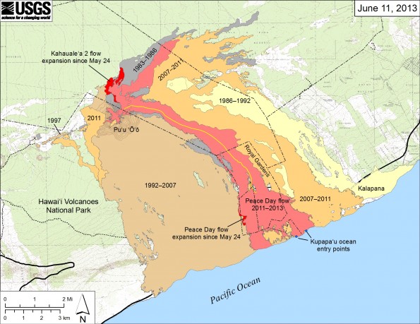 U.S. Geological Survey map showing the active Peace Day flow, carrying lava southeast to the ocean, and the active Kahaualeʻa 2 flow north of Puʻu ʻŌʻō, as of June 11, 2013. The Kahaualeʻa 2 flow started on May 6 and continues to spread slowly on the lower flank and at the northern base of the Puʻu ʻŌʻō cone. Breakouts near the base of the pali widened the western edge of the Peace Day flow, part of which is in Hawaiʻi Volcanoes National Park. Older lava flows are labeled with the years in which they were active. Episodes 1–48b (1983–1986) are shown in gray; episodes 48c–49 (1986–1992) are pale yellow; episodes 50–55 (1992–2007) are tan; and episodes 58–60 (2007–2011) are pale orange. The Peace Day lava tube is shown by the yellow line. The Peace Day tube where it crosses the coastal plain is not obvious and has not been mapped. The contour interval for topographic lines shown on Puʻu ʻŌʻō is 5 m (~16 ft).