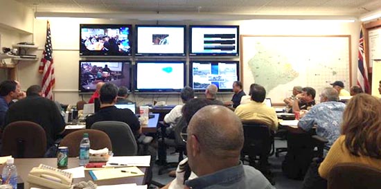 State video teleconference Monday afternoon with all Emergency Operation Centers statewide. (Photo courtesy of Mayor Billy Kenoi Office)