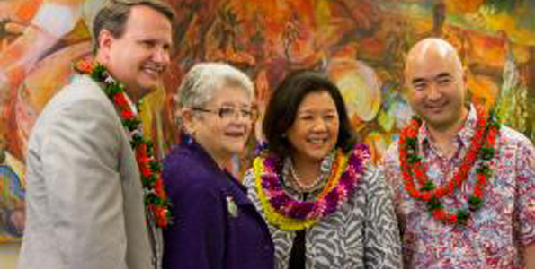 From left: Library of Congress Director of Preservation Mark Sweeney, UH System President MRC Greenwood, Irene Hirano Inouye and Ken Inouye. (Photo courtesy of University of Hawaii)