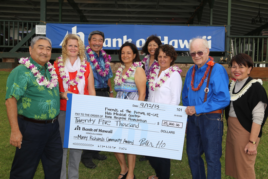 Bank of Hawaii Foundation President Donna Tanoue (far right) presented the $25,000 Bank of Hawaii Monty Richards Hawaii Community Award that will be shared among three organizations. The three women in the center are: Hilo Medical Center Executive Director Lori Rogers; Friends of the Future – CHI-HI Project Director Dr. Sneha Sood; and Kona Hospital Treasurer Reba Silva. Members of the selection committee included KTA Superstore President Barry Taniguchi (far left), BOH Senior Vice President and Hawaii Regional Manager Art Taniguchi, BOH Senior Vice President and Hawaii Island Manager Roberta Chu (back, center), and Herbert “Monty” Montague Richards, Jr. (Photo courtesy of Bank of Hawaii)