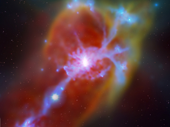 Image of a galaxy (center) with incoming cold gas flow, produced by rendering the gas distribution in a supercomputer simulation of a forming galaxy. A stream of primordial inflowing gas is illuminated from behind by a distant background quasar (lower left; quasar added by an artist, along with the starry background). Researchers led by Neil Crighton (MPIA and Swinburne University of Technology) have now made the first unambiguous detection of this accretion of pristine gas onto a star-forming galaxy, that was previously theorized to exist based on cosmological simulations of galaxy formation. This simulation shown here was run by the Making Galaxies in a Cosmological Context (MaGICC) project in the theory group at MPIA. (Image courtesy of G. Stinson / A. V. Maccio | MPIA)