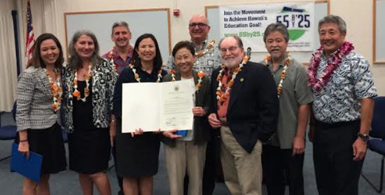 The launch of phase II of the "55 by '25" campaign is celebrated by (L to R): Senator Jill Tokuda, Dr. GG Weisenfeld, David Lassner, Karen Lee, Kathryn Matayoshi, John La Forgia, Gov. Neil Abercrombie, Rep. Roy Takumi, and John Komeiji. (Photo courtesy of Department of Education)