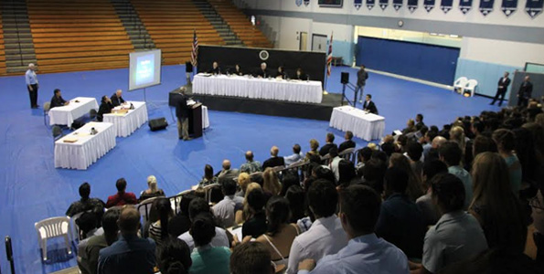 Approximately 600 students watched a Hawaii Supreme Court oral argument in Kailua-Kona. After the proceeding, the students had the opportunity to participate in a question-and-answer session with the justices. (Photo courtesy of Hawaii State Judiciary)