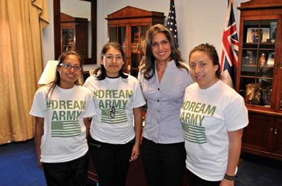 Congresswoman Tulsi Gabbard meets with Military DREAMers Jennifer, Maria, and Miriam in her Washington, DC office. (Photo courtesy of Rep. Gabbard’s Office)
