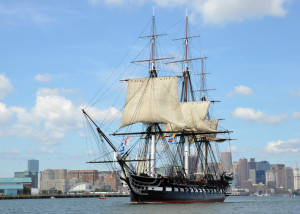 The USS Constitution sets sail in Boston Harbor to commemorate the 201st anniversary of Constitution's battle with HMS Guerriere in the War of 1812.