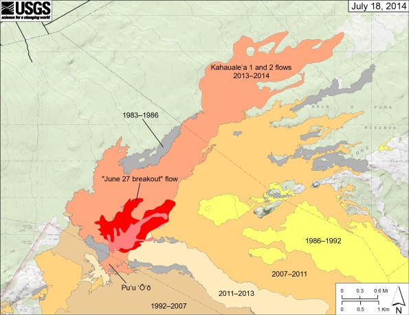 Map showing the “June 27 breakout” flow at Puʻu ʻŌʻō in Kīlauea’s East Rift Zone. The area of the new flow as mapped on June 30 is shown in pink, while widening of the flow as July 18 is shown in red. Older lava flows are distinguished by color: episodes 1–48b flows (1983–1986) are shown in gray; episodes 48c–49 flows (1986–1992) are yellow; episodes 50–55 flows (1992–2007) are tan; episodes 58–60 flows (2007–2011) are pale orange; the 2011–2013 episode 61 flows are very light tan; and the 2013–2014 Kahaualeʻa flows are reddish orange.