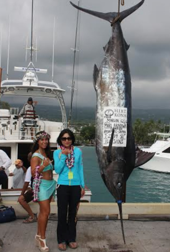 Veteran angler Mari Arakawa with her HIBT record 622.6-pound Pacific blue marlin caught on 50-pound test line. (Photo courtesy of HIBT)