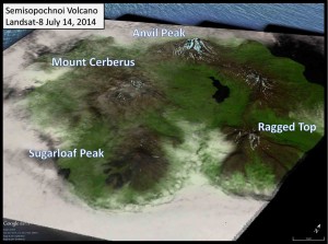 Composite false-color Landsat-8 satellite image of Semisopochnoi Island on July 14, 2014, produced by combining the shortwave infrared, near infrared, and visible wavelength data. This color combination enhances the visualization of vegetation, exposed rocks, and snow (light blue). This is a rare, partly cloudy satellite image and some of the volcanic features are indicated. The image does not show evidence of increased surface temperatures in response to the increased number of volcanic earthquakes that began in early June 2014. For information about Ladsat8 see the website: http://landsat.usgs.gov/index.php.