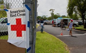 The Red Cross handing out supplies at the Pahoa Community Center Parking Lot. Hawaii 24/7 File Photo