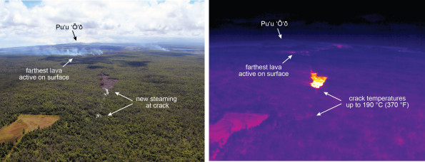 This figure compares the photo above with an equivalent view from a thermal camera on August 28, 2014. The plumes of smoke mark the farthest active lava on the surface (small, scattered lobes of pāhoehoe), which are also shown as small hotspots in the thermal image. The pad of lava that emerged from the ground crack earlier this week was inactive at the surface but still quite warm (high temperature patch in center of image). East of this pad of lava, steaming (just below the center of the photograph) has appeared over the past day, suggesting that lava is continuing to advance below the surface along a ground crack. Direct views into the crack were not possible due to thick vegetation, but close views of the steaming areas with the thermal camera reveal temperatures up to 190 C (370 F). These high temperature are further evidence of lava moving through the crack. Photos courtesy of USGS/HVO