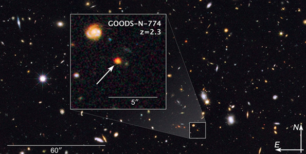 This image shows observations of a newly discovered galaxy core dubbed GOODS-N-774, taken by the NASA/ESA Hubble Space Telescope's Wide Field Camera 3 and Advanced Camera for Surveys. The core is marked by the box inset, overlaid on a section of the Hubble GOODS-N, or GOODS North, field (Great Observatories Origins Deep Survey). (Image courtesy of NASA/ESA)