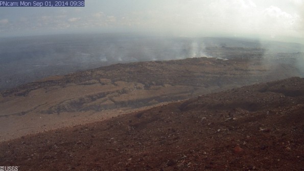 This image is from a research camera positioned on Puʻu ʻŌʻō, looking North. Image taken at 9:38 a.m., Monday, September 1, 2014. Photo courtesy of USGS/HVO
