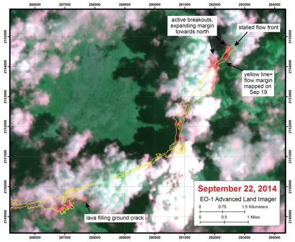This satellite image was captured by the Advanced Land Imager instrument onboard NASA's Earth Observing 1 satellite. Although this is a false-color image, the color map has been chosen to mimic what the human eye would expect to see. Bright red pixels depict areas of very high temperatures, and show active lava. White areas are clouds. For reference compare the flow outline shown here in yellow to the large-scale flow field map provided in the "maps" link above. Although the front of the June 27th lava flow has stalled over the past few days, the flow remains active with surface breakouts immediately behind the front. These breakouts have expanded the margin of the flow several hundred meters (yards) towards the north. In addition, breakouts are active closer to Puʻu ʻŌʻō, and lava has been filling another ground crack over the past few days. The grid shows coordinates in Universal Transverse Mercator, with a grid spacing of one kilometer (0.6 miles). This image shows an example of the satellite data we use to augment our field observations, but also shows one of the major limitations of satellite data - clouds.
