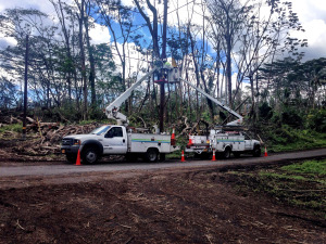 Hawaiian Telcom splicer crews replace a terminal on a utility pole. Photo courtesy of Hawaiian Telcom.