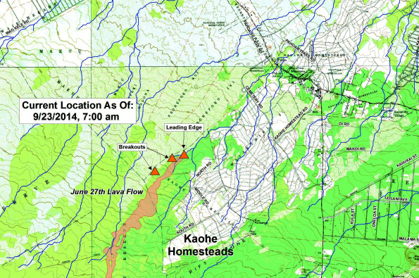 Leading edge of the June 27th Lava Flow. Positions by Hawaii County Civil Defense flyover at 7 a.m., September 23, 2014.