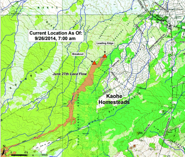 Position of the Kilauea June 27th Lava Flow as of 7 a.m. Friday, September 26, 2014. Map courtesy of Hawaii County Civil Defense.