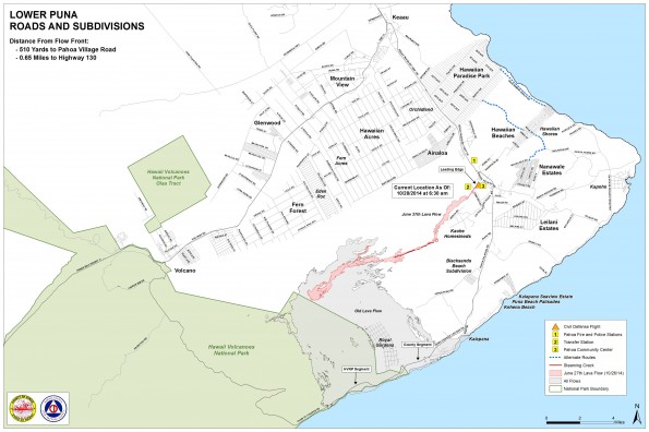 Kilauea June 27 Lava Flow map updated 6:30 a.m., October 28, 2014. Courtesy of Hawaii County Civil Defense