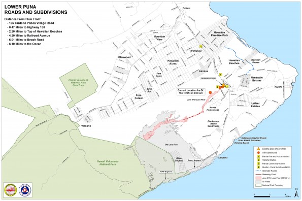 Kilauea June 27 Lava Flow map updated 6:30 a.m., October 31, 2014. Courtesy of Hawaii County Civil Defense