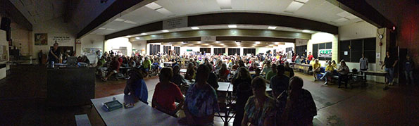 Panoramic view of the November 20, 2014 lava flow update meeting at Pahoa High School Cafeteria. Photography by Baron Sekiya | Hawaii 24/7