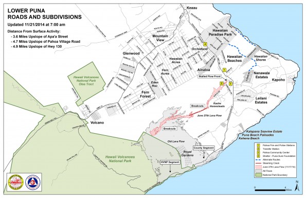 Kilauea June 27 Lava Flow map updated 7 a.m., November 21, 2014. Courtesy of Hawaii County Civil Defense