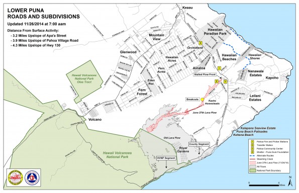Kilauea June 27 Lava Flow map updated 7 a.m., November 26, 2014. Courtesy of Hawaii County Civil Defense