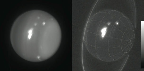 Infrared images of Uranus (1.6 and 2.2 microns) obtained on Aug. 6, 2014, with adaptive optics on the 10-meter Keck II telescope. The white spot is an extremely large storm that was brighter than any feature ever recorded on the planet in the 2.2 micron band. The cloud rotating into view at the lower-right limb grew into the large storm that was seen by amateur astronomers at visible wavelengths. (Image courtesy of Imke de Pater | UC Berkeley and W.M. Keck Observatory Images)