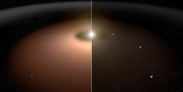 A dusty planetary system (left) is compared to another system with little dust in this artist's conception. Dust can make it difficult for telescopes to image planets because light from the dust can outshine that of the planets. Dust reflects visible light and shines with its own infrared, or thermal, glow. As the illustration shows, planets appear more readily in the planetary system shown at right with less dust. Research with the NASA-funded Keck Interferometer, a former NASA key science project that combined the power of the twin telescopes of the W. M. Keck Observatory atop Mauna Kea, Hawaii, shows that mature, sun-like stars appear to be, on average, not all that dusty. This is good news for future space missions wanting to take detailed pictures of planets like Earth and seek out possible signs of life. (Image courtesy of NASA | JPL-CALTECH)