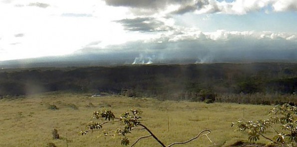 USGS/HVO webcam view at 3:41 p.m. Wednesday (Jan 21) showing the smoke rising from the brushfires sparked by the Kilauea June 27th Lava Flow.