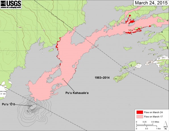 This map shows the changes to Kīlauea’s active East Rift Zone lava flow field. The area of the flow on March 17 is shown in pink, while widening and advancement of the flow as of March 24 is shown in red. Small changes west of Puʻu Kahaualeʻa are not shown, as that part of the flow field was hidden by Puʻu ʻŌʻō’s gas plume at the time of mapping.