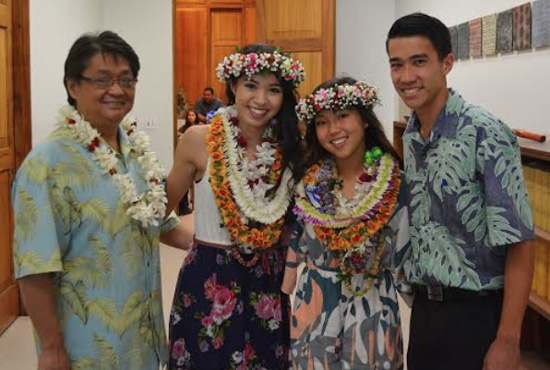 Future Waiakea: Contest organizer Rep. Mark Nakashima and Hawaii Future Caucus member Honolulu Councilman Brandon Elefante with Kiani Nishimoto and Kaydee Rapozo of Waiakea High School. (Photo special to Hawaii 24/7)